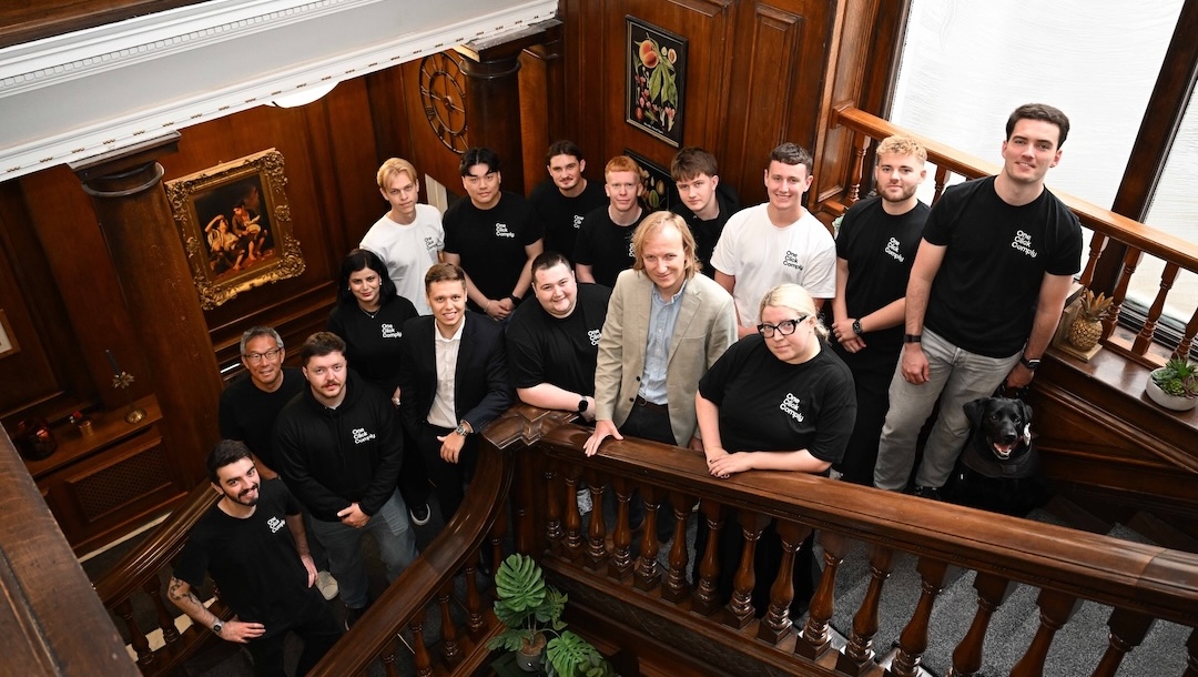 Founder Connor Greig (front, third from left) with Owen Conquest of Mercia Ventures, Tom O’Neill of Northstar Ventures and the OneClickComply team