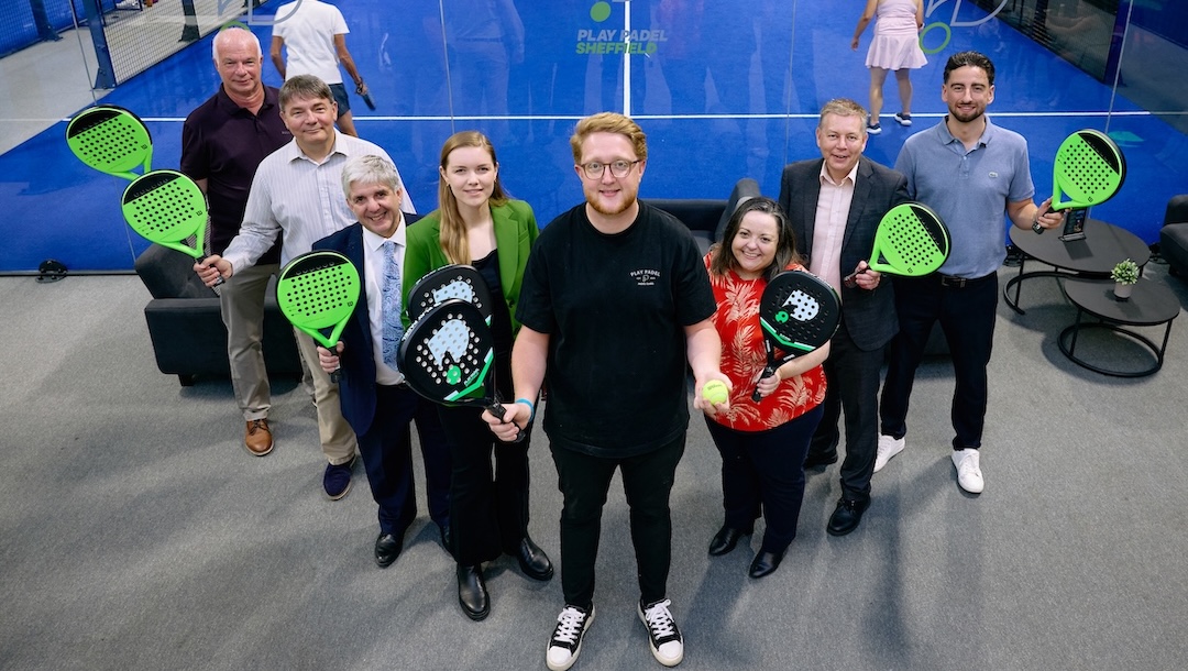 Play Padel’s CEO Alex Fleming with Andy Tyas and Ian Whitworth of Mercia Business Loans, the Lord Mayor of Sheffield Cllr Andrew Sangar, Jemima Jones of British Business Bank, Gillian Taberner of South Yorkshire Pensions Authority, Paul Wainwright of FW Capital and Brad Green of Castle Square Corporate Finance
