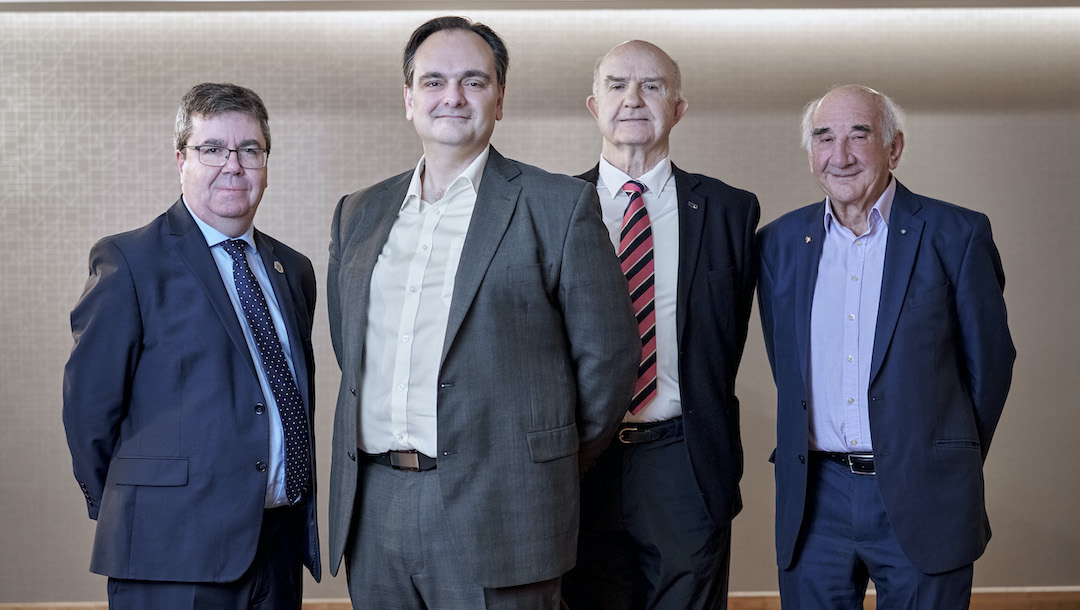Professor Andy Long of Northumbria University with Professor Sterghios A. Moschos, Dr Huw Edwards and Professor Sir Peter J. Barnes of PulmoBioMed